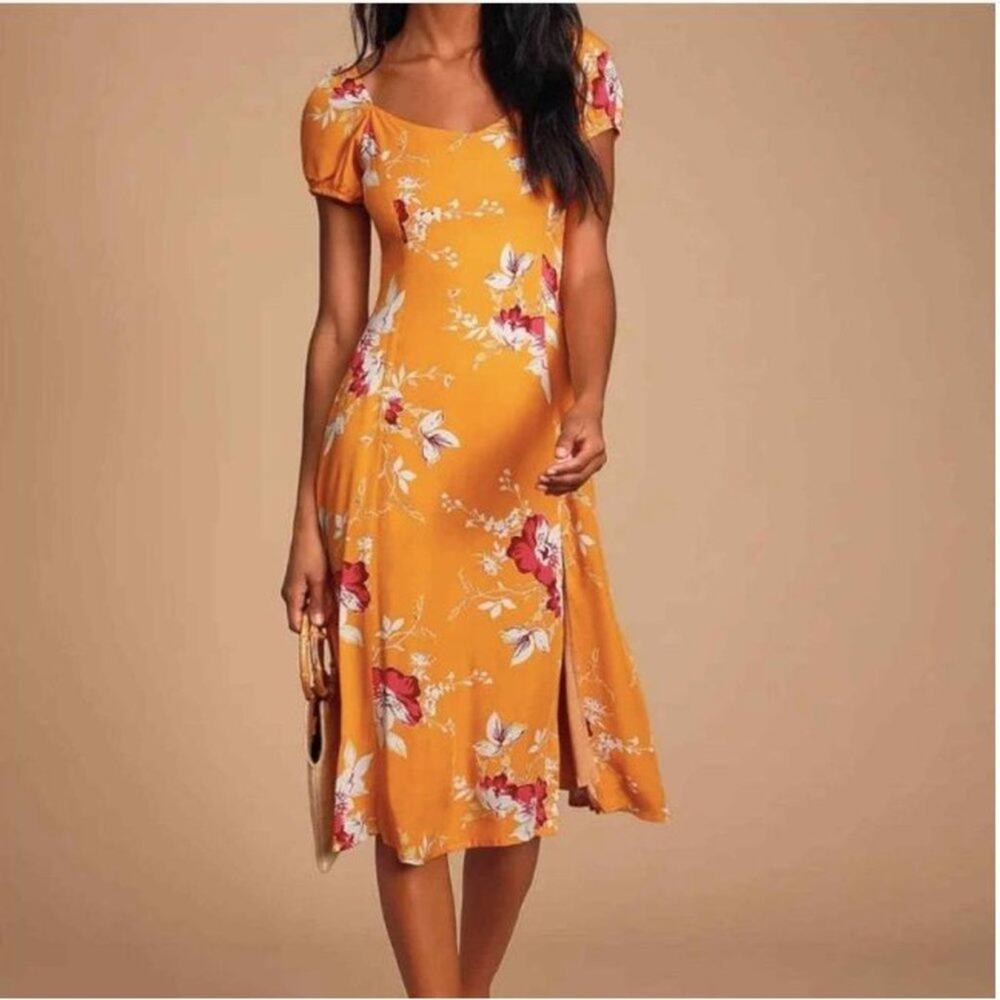Lulus M Yellow Midi Dress Floral Front Slit Back Zip Feminine Quaint Puffed Chic - Picture 3 of 8